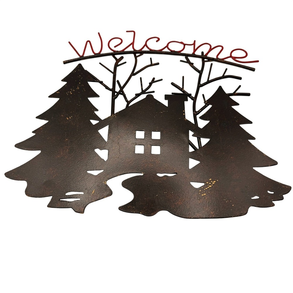 Welcome Sign Metal Cabin Wall Art Brown Rustic Lodge Decor‎ Cottagecore Winter
